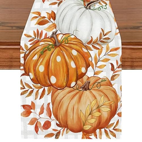 Herbst Tischläufer, Kaluofan 2024 Tischläufer Herbst 40x180CM, Thanksgiving Tischdecke Herbst, Home Decor Herbstdeko Kürbis, Polka Dot Kürbis Eukalyptus Blatt Tischdekoration(Brown Leaf Pumpkin) - Brown Leaf Pumpkin - Image 1