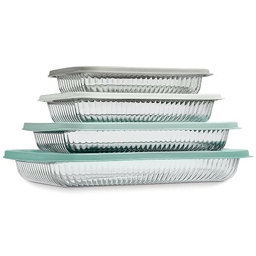 COOK WITH COLOR 8-Piece Deep Glass Baking Dish Set with Plastic Lids – Casserole and Food Storage Containers for Lasagna, Leftovers – Freezer-to-Oven, Microwave & Dishwasher Safe, Fluted Sage - Image 1