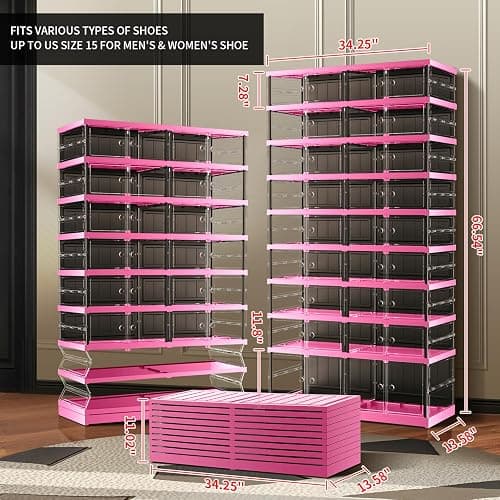 CIMLORD 9-Tier Foldable Shoe Rack for Closet Entryway 18-36Pairs, Stackable Clear Shoe Storage Boxes Organizer With Door Plastic Shoe Cabinet Bins with Lids Shoes Shelf Easy Assembly Large（Black-pink） thumbnail 2