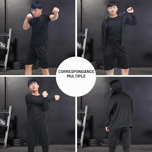 JULY'S SONG Ensemble d'entraînement de compression pour homme, 5 pièces, séchage rapide, chemise, pantalon, short, veste, vêtements pour salle de sport thumbnail 5