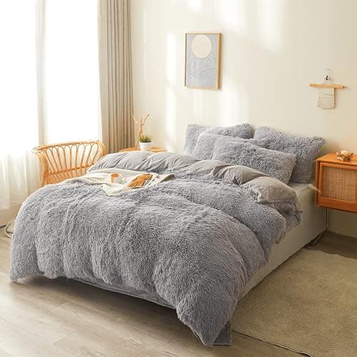 FOPPA Plush Comforter Cover Set Queen - Ultra Soft Fuzzy Gray Bedding 3 Pieces (Faux Fur Duvet Cover + 2 Shaggy Pillow Cases) Fluffy Bed Set thumbnail 2