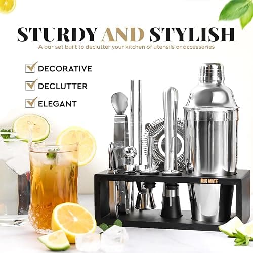 Mixology Bartender Kit with Stand | 15 Piece Bar Tool Set, Silver Bar Set Cocktail Shaker Set for Drink Mixing - Includes Martini Shaker, Jigger, Strainer, Bar Mixer Spoon, Tongs | Gift Idea (Silver) thumbnail 2