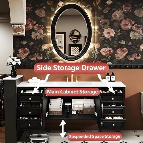 High QLO 40IN Bathroom Vanity - Vintage Luxurious Bathroom Vanity with Sink(Elliptical Mirror)(Golden Accessories) Sink Cabinet with One Click Defogging Mirror & Ample Drawer Storage thumbnail 5