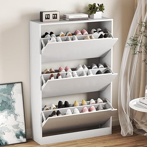 BORNOON Shoe Cabinet with 3 Flip Drawers, Hidden Wood Shoe Cabinet,Freestanding Shoe Storage Cabinet for Entryway Hallway.White. 47.2" H*31.5" W*9.25" D. - 3 Drawers - White