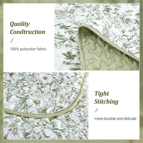 WONGS BDEEING Quilt King Size, Sage Green Quilt Bedding Set with 2 Pillowcases, Botanical Quilt for King Bed, Soft Microfiber Lightweight Coverlet Bedspread for All Season (110"×90", 3 Pieces) thumbnail 4