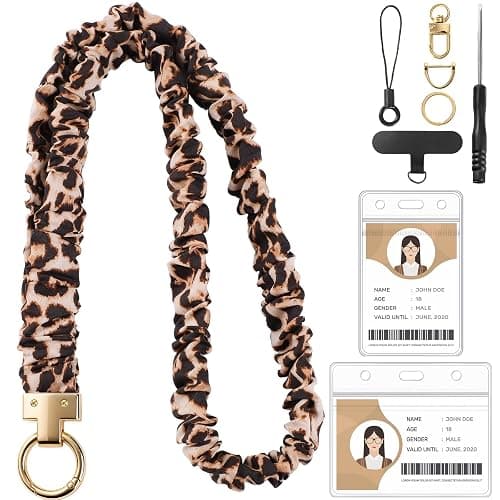 Scrunchie Lanyard for ID Badges & Keychain, Teacher Lanyards Leopard Print | Stretchy lanyard, retractable card access, 2 waterproof holders, phone tab and metal clip, soft for daily wear - Image 1