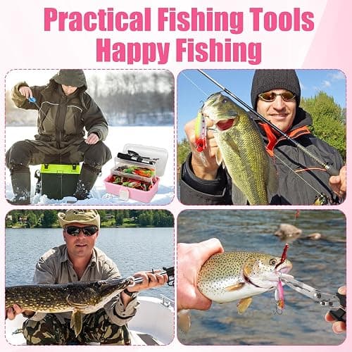 RoundFunny 3 Layers Fishing Tackle Box 414 Pcs Fishing Lures Kit with Tackle Included, Pliers, Lip Gripper, Soft Baits, Hooks & Accessories Bait Lure Gear Gift for Beginners Women Men(Pink) thumbnail 6