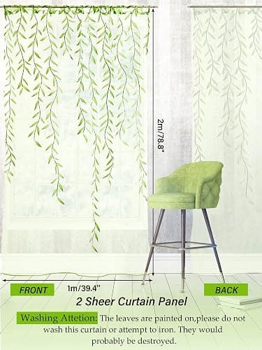 Breling Willow Voile Curtains Cute Green Sheers Leaf Tulle Vine Window Sheers Ivy Pretty Curtain for Living Room Bedroom Window Door Balcony(2 Pieces,39.4 x 78.7 Inch) thumbnail 2
