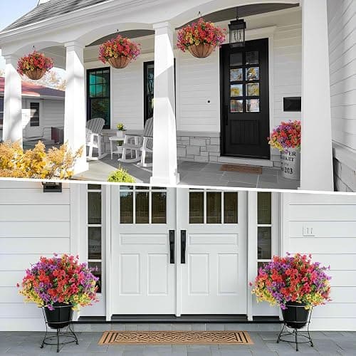 Hananona 2 Set Artificial Outdoor Flowers with Hanging Basket, 2 Hanging Planters with 24 Pcs Flowers for Spring Summer Front Porch Garden Patio Home Decor (2, Red, Purple, Yellow, Rose Red) thumbnail 6