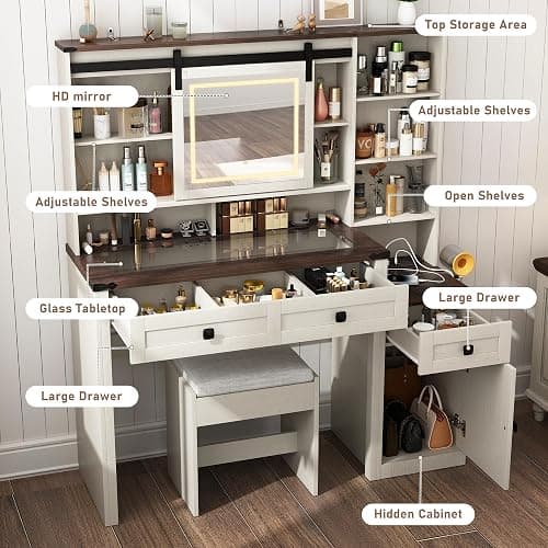 jiteentarou Farmhouse 47" Large Makeup Vanity Desk with Glass Tabletop, White Vanity with Sliding Mirror and Lights, Vanity Set with Stool & Charging Station, 3 Colors Lights, Ample Storage thumbnail 5