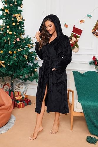HEARTNICE Womens Hooded Fleece Robe, Thick Warm Plush Bathrobe for Women, Long Fluffy Comfy House Coat Long Fur Fleece thumbnail 6