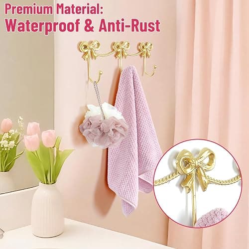 KYIAANY Gold Bow Hooks for Girls: Cute Triple Bows Hooks Wall Mount for Nursery Bedroom Bathroom for Hanging Towel Bag Robe Jewelry - Metal 3 Hooks Coquette Room Decor for Girly Daughter Kids Baby thumbnail 8