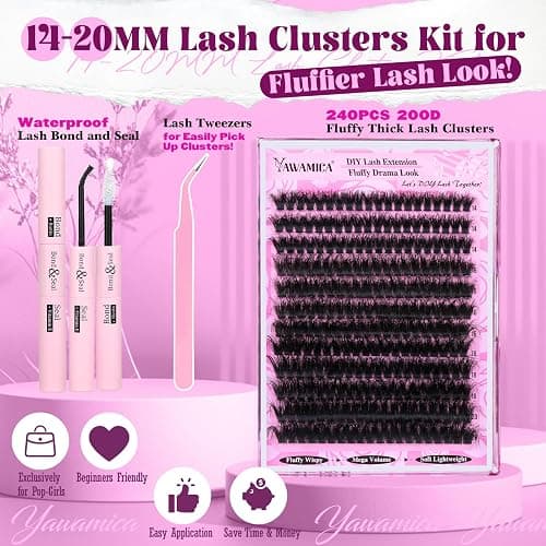 Yawamica Fluffier Lash Extension Kit Thick 200D Volume Eyelash Extension Kit 14-20mm Wispy Lash Clusters Kit D Curly Individual Lashes with Bond and Seal lash Tweezers DIY Cluster Eyelash Extensions thumbnail 6