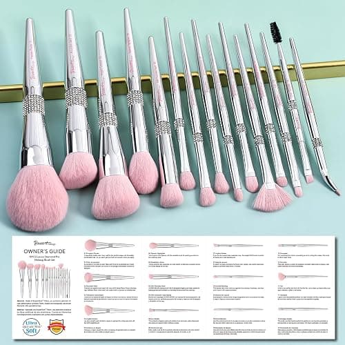 Bueart Design Elegant pink Ultra soft labeled Makeup Brushes Sets with Brush Holder makeup brush set with Foundation Powder blush blending contour Brush (15Pcs Silver Pink+Holder) thumbnail 4
