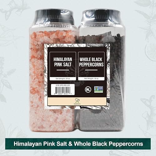 Soeos Pink Salt 39 Oz + Black Peppercorns 18oz, Coarse Grain, 2 Set | Pink Salt for Grinder Refill, Salt and Pepper Grinder, Non-GMO Verified, Spice Set thumbnail 8