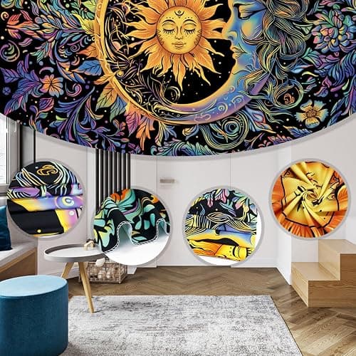 Sun and Moon Tapestry Psychedelic Mystic Floral Tapestry Hippie Boho Flower Plants Wall Tapestries Vintage Aesthetic Tapestries Wall Hanging for Bedroom thumbnail 5