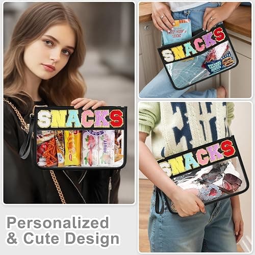 Snack Bag for Travel - Clear Chenille Varsity Letter Flat Pouch with Zipper, 12.2×8.46 inch Waterproof Clear Nylon Preppy Patch Makeup Cosmetic tote Bags for Women Girls thumbnail 4