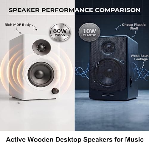NSY Audio Powered Bluetooth Bookshelf Speakers for Mac/PC Gaming & Music |  Max 60W Active Studio Monitor with Bass & RCA/AUX Input, Wireless Audio for Desktop Computer, Laptop, White Pair thumbnail 3