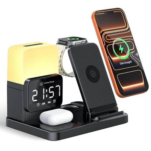 6-in-1 Wireless Charging Station, Charger Stand for Apple Multiple Devices, for iPhone 17 16 15 14 13 12 Pro Max Watch Airpods, Wireless Charger iPhone Charging Station with Night Light/Alarm Clock - Image 1