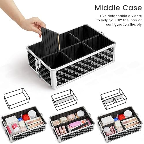 Yaheetech Rolling Makeup Train Case 3 in 1 Cosmetic Case Large Capacity Organizer with Swivel Wheels Key Cosmetic Trolley for Nail Tech Makeup - Black thumbnail 5