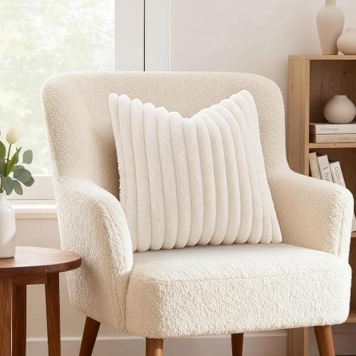 decorUhome Fall Faux Fur Throw Pillow Covers 18x18 Set of 2 Cream White | Decorative Soft Cozy Striped Plush Modern Farmhouse Boho Couch Pillow Cases Velvet Back for Sofa Bed Living Room Home Decor thumbnail 2