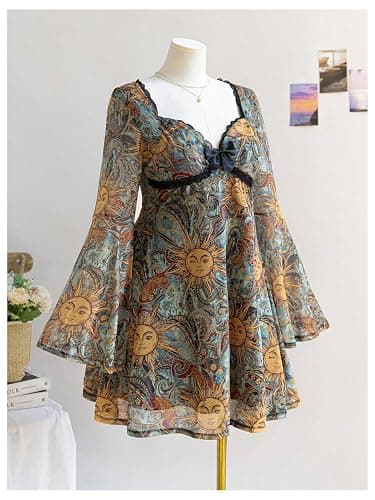 BEAUDRM Women's Y2k Plus Size Hippie Vintage Boho Dress Leopard Bell Long Sleeve V Neck Bow Mesh Fall Mini Dresses thumbnail 5