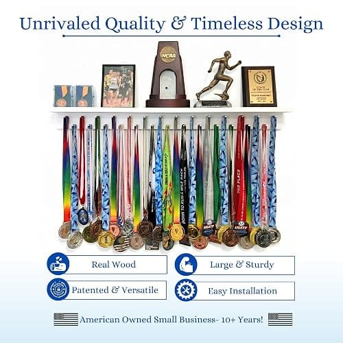 3ft Medal Hanger Display for Wall — Trophy Shelf with Hooks for Medals — 36" Solid Wood — Holds 30+ Medals + Cased Medals for Running, Gymnastics, Cheer, Karate — White- Medal Awards Rack thumbnail 3