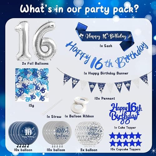 16th Birthday Decorations for Boys - Blue and Silver Birthday Decorations Pennant Happy Birthday Banner 12 Inch Latex Balloon Sash Cake Topper Confetti for 16 Years Old Birthday Party Supplies - 16th Blue and Silver Balloons thumbnail 2