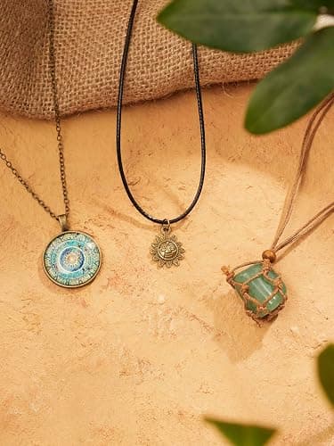 MINACHI Bohemian Retro Style Multi Layer Necklace, Green Crystal Sun and Floral Pendant, Ethnic Jewelry for Women thumbnail 8