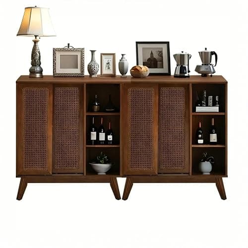 LKTART Mid Century Modern Storage Cabinet with Rattan Sliding Doors and Open Shelves, Boho Style Wooden Sideboard Buffet for Living Room,Dark Walnut thumbnail 9