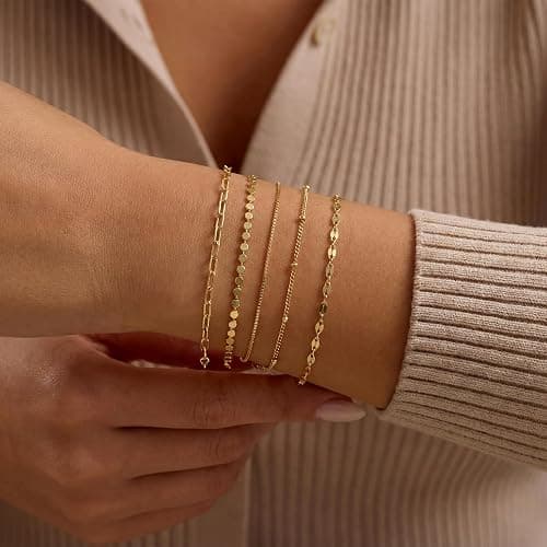 MBW Gold Bracelets for Women Trendy, Dainty 14K Gold Plated Bracelet Stack Beaded Chain Bracelet Set Thin Small Cute Paperclip Bracelets Fashion Waterproof Jewelry Gift Gold Accessories for Women thumbnail 2