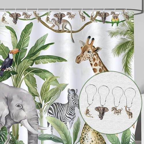 YRMLYMOP Jungle Shower Curtain Hooks,12 Pcs Animal Shower Curtain Hooks, Rainforest Elephant Zebra Monkey Giraffe Tropical Safari Bathroom Curtain House Bathroom Decor Accessorie, Stainless Steel Ring thumbnail 4
