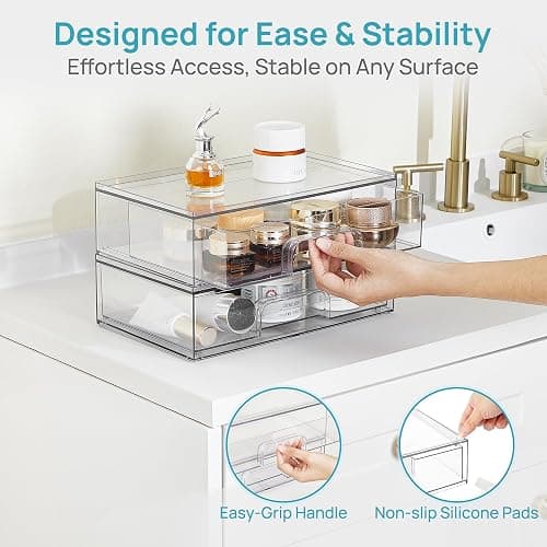 Vtopmart 12.1''W Clear Stackable Storage Drawers,2 Pack Acrylic Plastic Organizers Bins for Makeup Palettes, Cosmetics, and Beauty Supplies,Ideal for Vanity, Bathroom,Cabinet,Desk Organization thumbnail 8