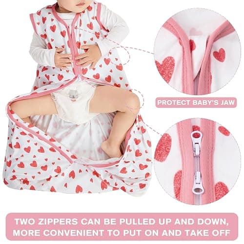 BSTOPPT 3 Pack Baby Sleep Sack 6-12 Months 100% Rayon Cotton Baby Sleeping Bag 2-Way Zipper Toddler Wearable Blankets TOG 0.3 （Heart&Pink&Floral） - Heart&pink&floral - Medium thumbnail 5