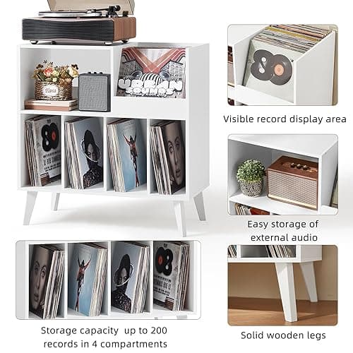 LELELINKY Large Record Player Stand, Turntable Stand with Storage, Vinyl Record Holder with Display Area, Record Player Table Holds Up to 300 Albums, Record Stand for Music Room Living Room-White thumbnail 9