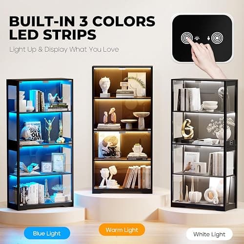 BROTTAR Display Cabinet with Glass Doors, 4-Tier Curio Cabinet with 3 Color Lights for Collectibles, Glass Display Case with Human Body Sensor, Bookcase with 4 Shelves, Storage Cabinets, Black thumbnail 4
