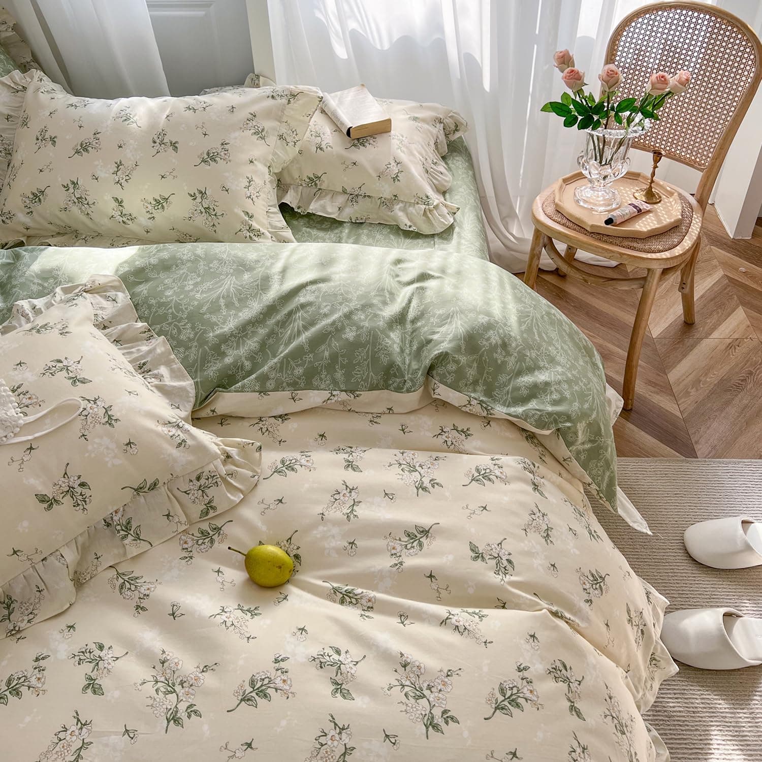 mixinni Reversible Green Floral Duvet Cover Set Full Size - 100% Cotton Botanical Bedding Set with Ruffle Lace, 3PCs Beige Soft Aesthetic Cottagecore Style Duvet Cover for Girls - Image 1