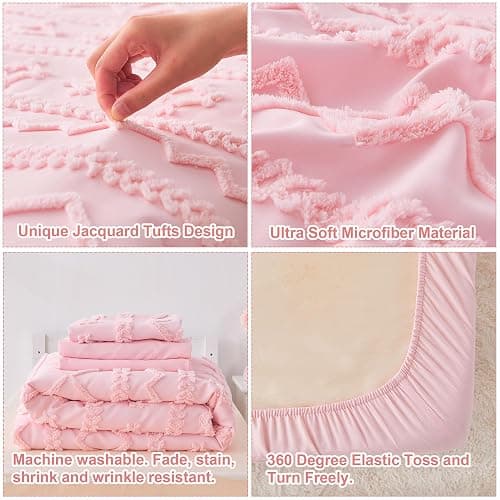 Pink Toddler Bedding Set for Girls 4-Piece Boho Tufted Toddler Comforter Set Jacquard Tufts Bed-in-a-Bag Crib Toddler Bed Sheet Set for Kids with Comforter, Flat Sheet, Fitted Sheet, Pillowcase | Toddler Bedding Set, Toddler Comforter, Toddler Sheets Set, Crib Bedding Set, Toddler Bed Set, Toddler Girl Bed Set thumbnail 6