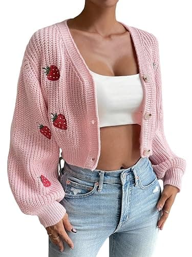 WDIRARA Women's Strawberry Embroidery Crop Cardigan Drop Shoulder Button Up Sweater Tops V Neck Outerwear - Image 1