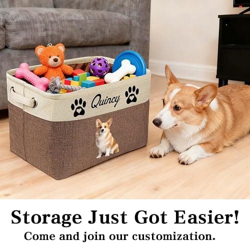Personalized Dog Toy Storage Basket Custom Dog Name Photo Cat Pet's Gift Baskets Collapsible Organizer Box Foldable Storage Basket with Handle for Toys, Coats, Clothing, Blankets, Brown thumbnail 5