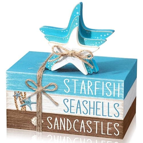 Geelin 4 Pcs Summer Beach Tiered Tray Decor Wooden Book Stack Signs, Starfish Seashell Coastal Nautical Table Centerpiece for Shelf Coffee Bar Home Kitchen Beach House Decorations - Image 1