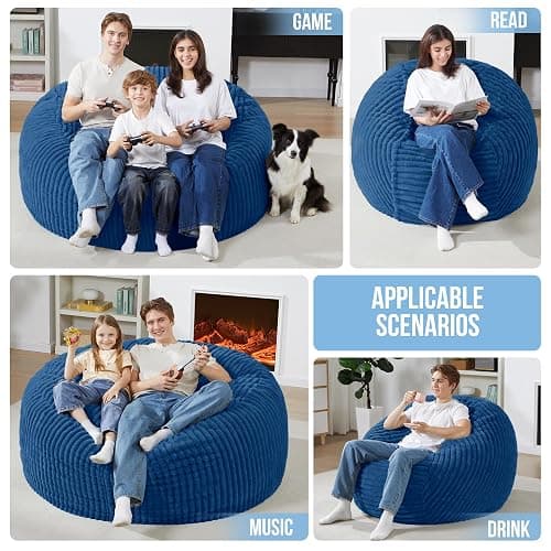 Homguava 6 FT Bean Bag Chair,6' Big Bean Bag,Giant Bean Bag Chairs for Adults with Memory Foam Filled,Comfy Large Beanbag Chairs Soft Bean Bag Sofa with Dutch Corded Plush Cover-Blue thumbnail 6