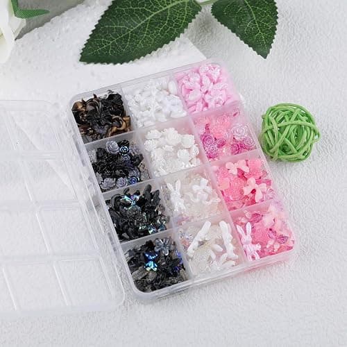 Kikonoke 2050 Pieces 3D Butterfly Rose Flower Bow Rabbit Bear Nail Charms Kit with Nail Art Rhinestones Pearls Crystal Gems Nail Slices for Manicure DIY Crafts Jewelry Accessories (Pink Black White) thumbnail 2