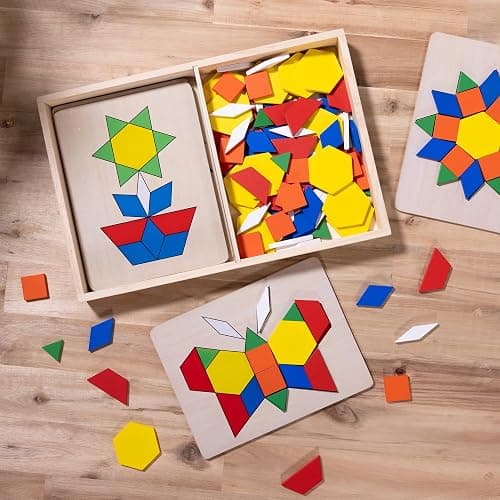Melissa & Doug Pattern Blocks and Boards with 120 Multi-Colored Wooden Shape Tiles, 5 Double-Sided Puzzle Boards, Tangram Puzzles, Montessori Toys for Girls & Boys thumbnail 9
