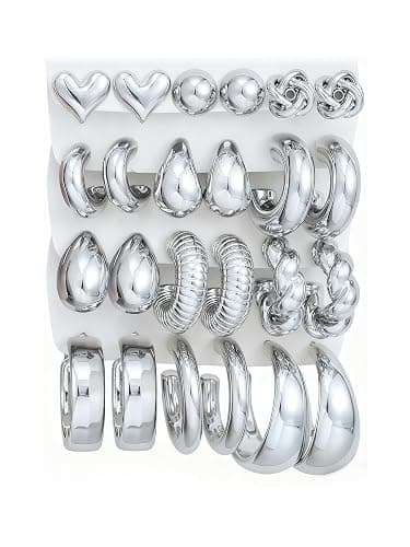 12 Pairs Chunky Silver Hoop Earrings for Women Trendy, Silver Plated Lightweight Thick Open Twisted Stack, Non Tarnish Huggie Hoops Earring Set - Image 1