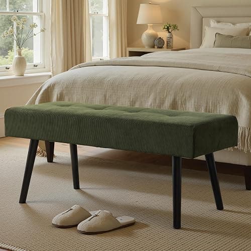 Comfy to go Entryway Bench - Green Bench for Bedroom, Modern Ottoman End of Bed, Corduroy Padded Benches for Living Room, Foyer, Mudroom, Hallway - 39" L x 14" W x 17" H - Image 1