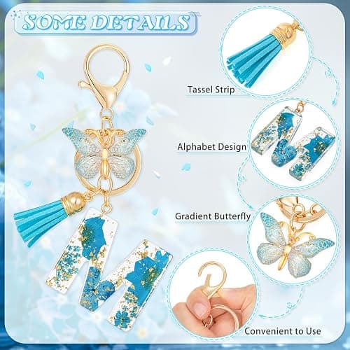 MWOOT Initial Letter Keychain Resin Alphabet Keyrings,Blue Petals Gold Foil Key Ring Charm,Cute Car Key Chain thumbnail 5