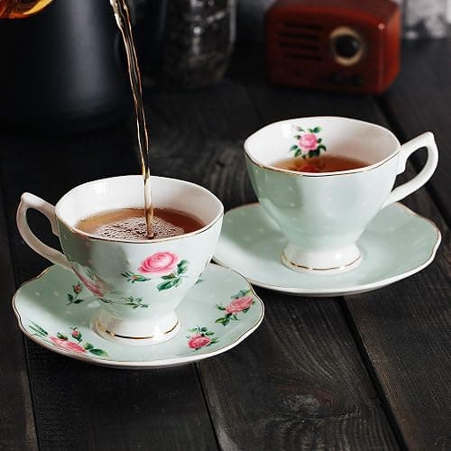 BTaT- Floral Tea Cups and Saucers Set of 8 (8 oz), Porcelain Tea Cup Sets, Assorted Colors with Gold Trim & Gift Box, Dishwasher Safe thumbnail 8