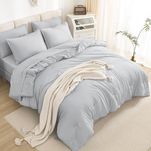 Litanika Full Size Comforter Sets Light Grey - 7 Pieces Bed in a Bag Full Bedding Comforter Sets, Solid Lightweight Bed Set with Comforter, Sheets, Pillowcases & Shams thumbnail 3