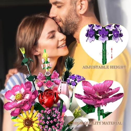 Flower Building Blocks Set, Multiple Flowers Bouquet Building Set, Artificial Flowers Arrangement Building Toys, Office Home Decoration, Valentine Day, Birthday for Women(No Vase)-699Pcs thumbnail 3